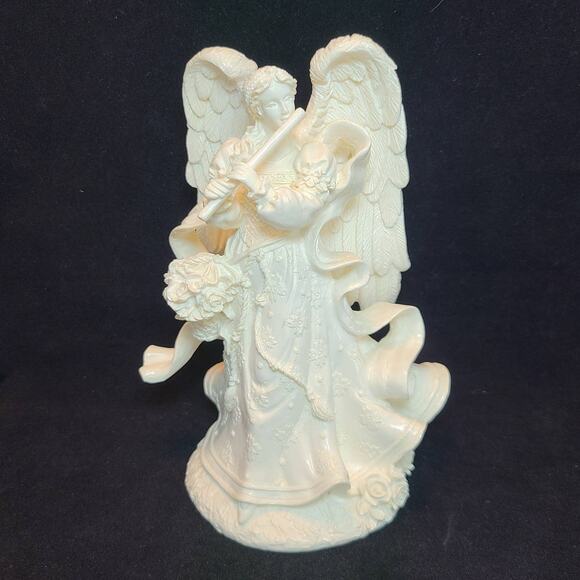 Stunning 8" White Angel Figurine - Dancing in Floral Dress with Flute - Picture 1 of 5